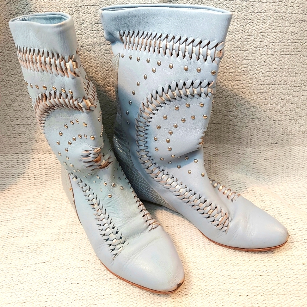Stylish Women's Blue Studded Leather Boots